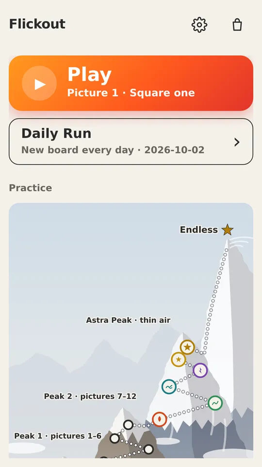Flickout home: Play, Daily Run, and the Practice mountain