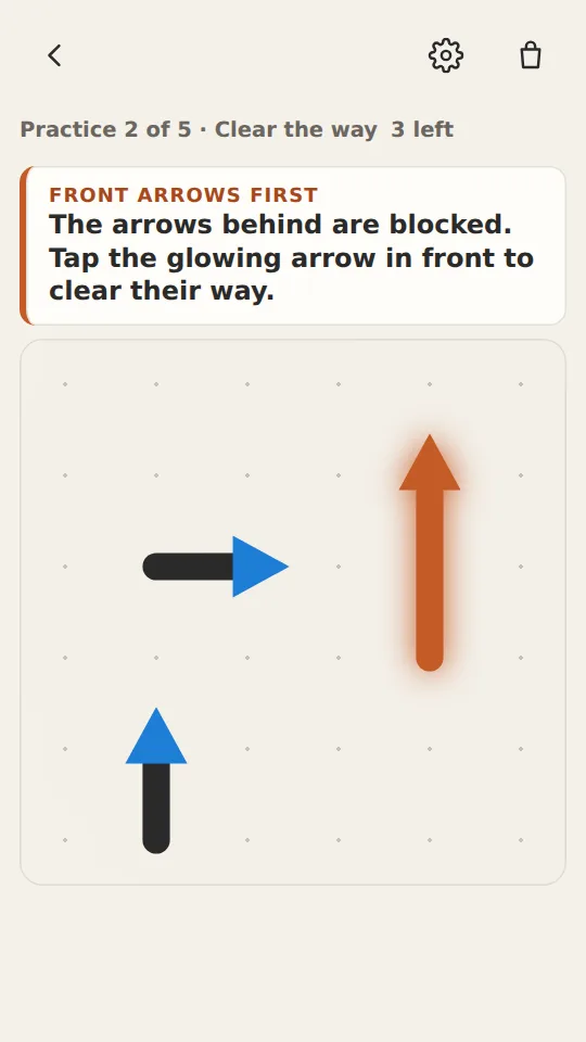 Practice 2 of 5, Clear the way: a coach line above the board and the arrow to tap glowing